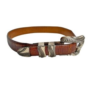 Vintage 90s Onyx Western Croc Embossed Leather Belt Brown Silver Buckle Size 28